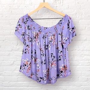 REWIND Purple Floral Short Sleeve Off Shoulder Size L